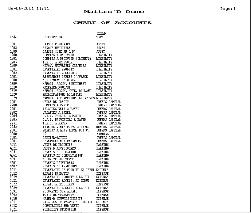 Sample - Chart of Accounts Report