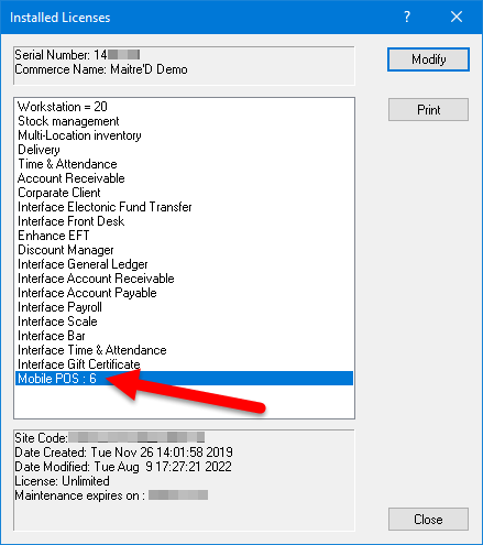 Installed Licenses - Mobile POS
