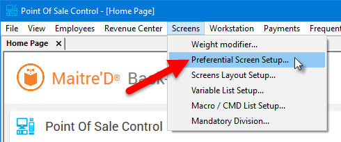 Screens Menu - Preferential Screen Setup...