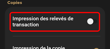 Options de l'imprimante Impression des reçus desactivé